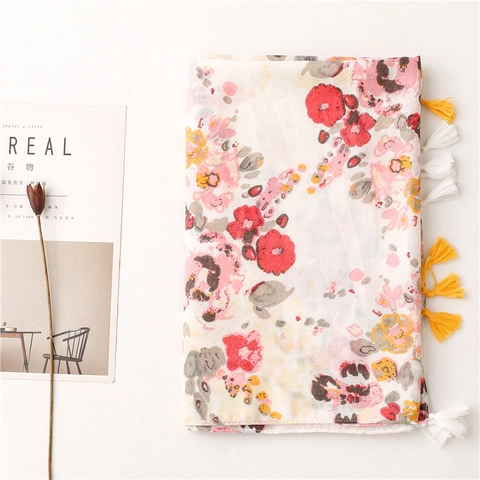Elegant Floral Print Scarf Shawl Lightweight Polyester Tassels Sun Protection Decorative Wrap For Women