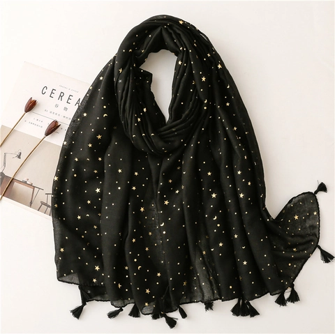 Women Lightweight Scarf Polyester Voile Shawl With Gold Foil Star Moon Pattern And Tassels Elegant Soft Sun Protection Wrap