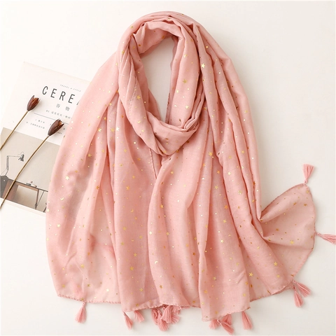 Women Lightweight Scarf Polyester Voile Shawl With Gold Foil Star Moon Pattern And Tassels Elegant Soft Sun Protection Wrap