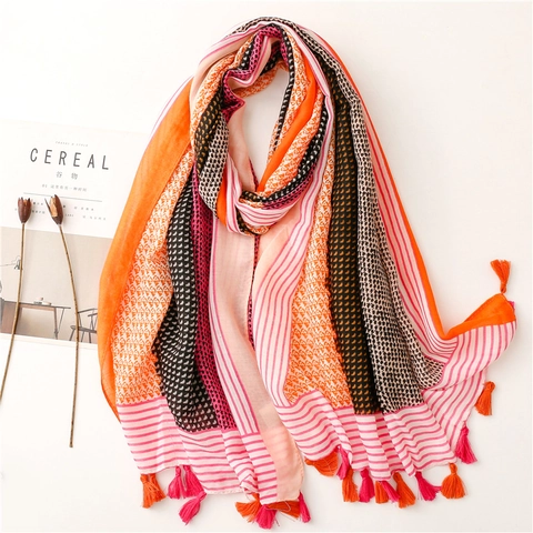 Sciarpa Alla Moda Per Donna Vintage Stampa Geometrica Scialle Colorblock Con Nappine Protezione Solare Leggera Asciugamano Da Spiaggia