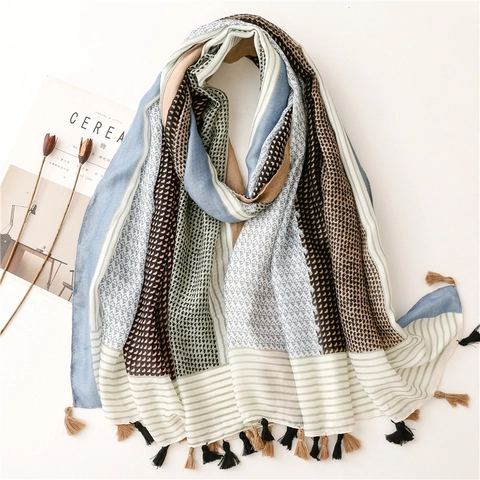 Sciarpa Alla Moda Per Donna Vintage Stampa Geometrica Scialle Colorblock Con Nappine Protezione Solare Leggera Asciugamano Da Spiaggia
