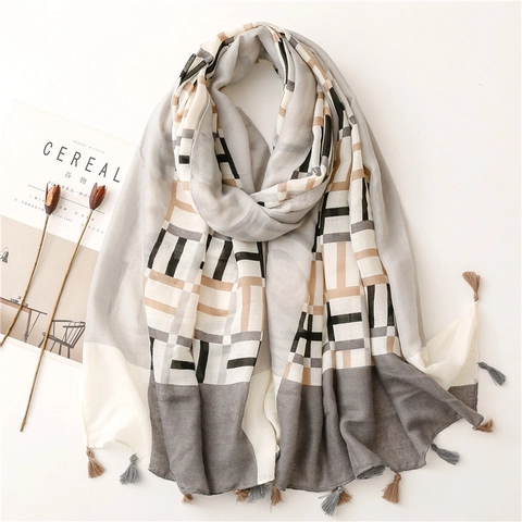 Large Scarf Shawl Women Bohemian Geometric Pattern Tassel Cotton Polyester Blend Satin Fashion Sunscreen Wrap