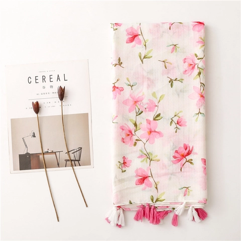Women Floral Print Scarf Shawl Elegant Polyester Tassel Large Wrap Pastoral Style Sun Protection