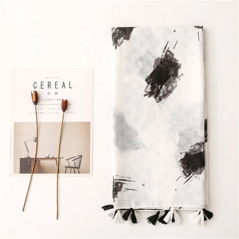 Dames Sjaal Omslagdoek Abstracte Inktprint Lichtgewicht Zachte Polyester Sjaal Met Kwastjes Decoratie Lang