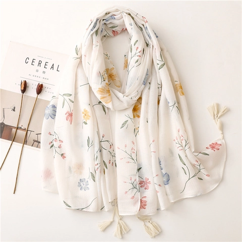 Dames Elegante Sjaal Met Bloemenprint Lange Sjaal Met Kwastjes Lichtgewicht Ademend Polyester Frisse Stijl