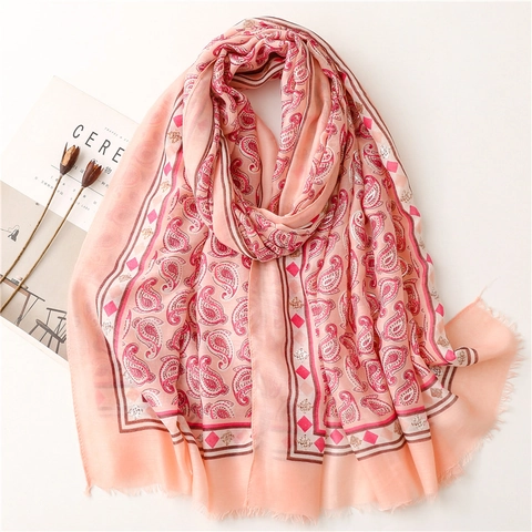 Sciarpa Lunga Donna Stampa Paisley Geometrica Foglia Oro Protezione Solare Avvolgimento Spiaggia Poliestere Morbido Nappa Bohemien