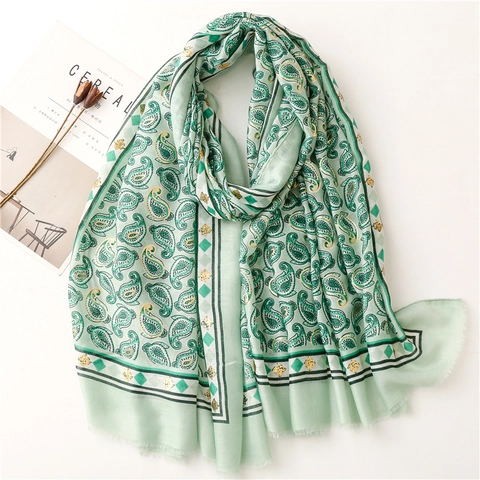 Sciarpa Lunga Donna Stampa Paisley Geometrica Foglia Oro Protezione Solare Avvolgimento Spiaggia Poliestere Morbido Nappa Bohemien