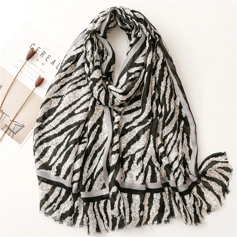 Large Shawl Scarf Leopard Zebra Animal Print Cotton Polyester Silver Foil Sunscreen Beach Cover Up Lightweight Frayed