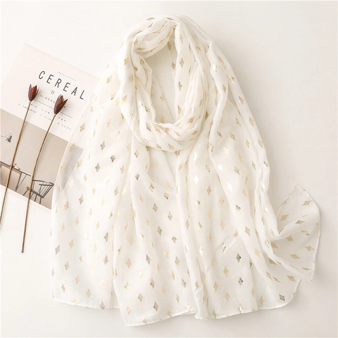 Women Long Scarf Shawl Lightweight Bali Yarn Polyester Gold Foil Diamond Pattern Breathable Versatile Fashion Wrap