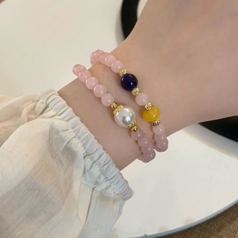 Dubbellaagse Kralenarmband Met Rozenkwarts Kunstparel Kristallen Vlinder En Jade Ring Hanger Zoet Elegant Voor Dames
