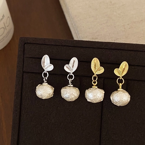 Pendientes Colgantes Hoja Cobre Con Perlas Artificiales De Algodón Texturizadas Minimalista Elegante Joyas Vintage Para Mujeres