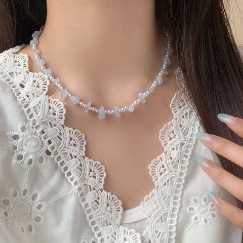 Handgemachte Choker Halskette Mit Hellblauen Naturstein Und Künstliche Perlen Elegante Frische Stil Schmuck Für Frauen