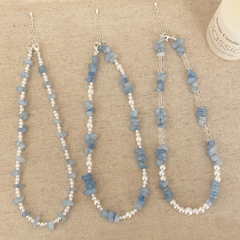 Handgemachte Choker Halskette Mit Hellblauen Naturstein Und Künstliche Perlen Elegante Frische Stil Schmuck Für Frauen