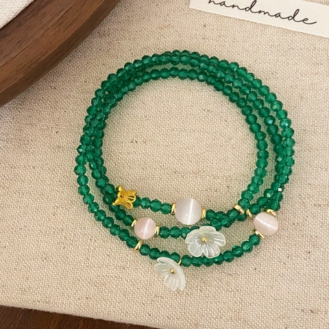 Vintage Grüner Kristall Perlen Mehrlagiges Wickelarmband Mit Katzenaugenstein Blumen Schmetterling Anhängern Gold Vergoldet Eleganter Schmuck