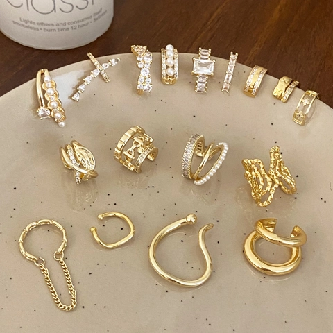 Vintage Gold Plated Copper Ear Cuff Geometric Zirconia Pearl No Piercing Earrings For Women Fashion Jewelry Gift