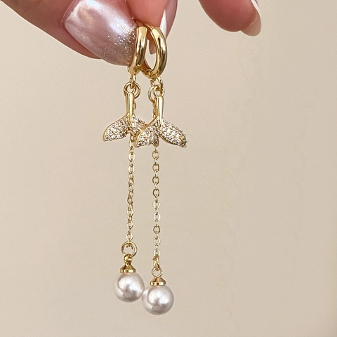 Fischschwanz Quaste Künstliche Perle Hoop Ohrringe Kupfer Mit Zirkonia Lange Elegante Modeschmuck Für Damen