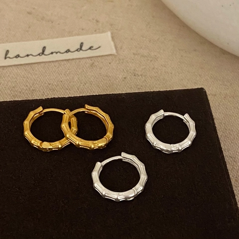 Orecchini A Cerchio Con Texture In Bambù Opaco Placcato Oro Argento Rame Gioielli Donna 925 Sterling Silver Earring Post