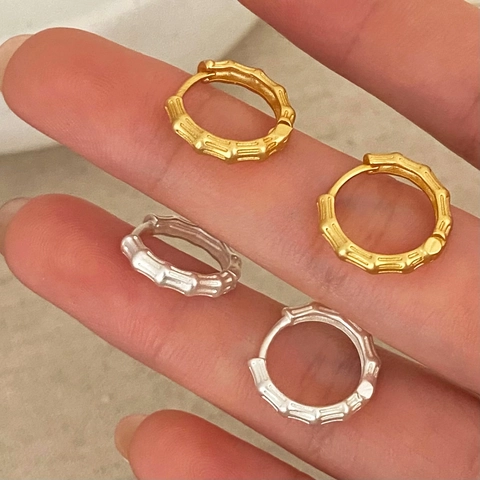 Orecchini A Cerchio Con Texture In Bambù Opaco Placcato Oro Argento Rame Gioielli Donna 925 Sterling Silver Earring Post