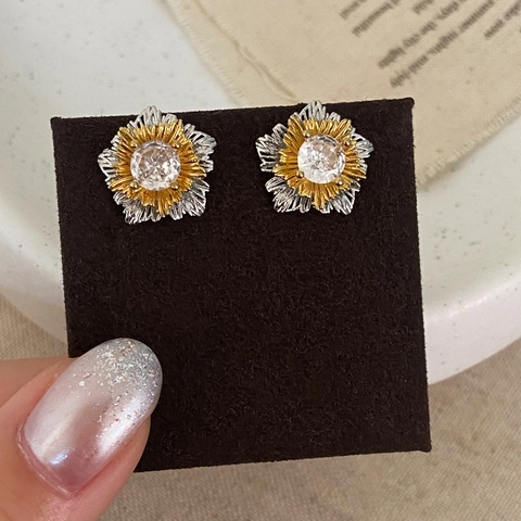 Pendientes De Botón De Flor Color Oro Y Plata Con Circón Y Poste De Plata De Ley 925 Joyas Retro Elegantes Para Mujer