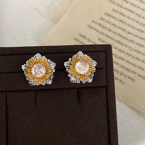 Pendientes De Botón De Flor Color Oro Y Plata Con Circón Y Poste De Plata De Ley 925 Joyas Retro Elegantes Para Mujer