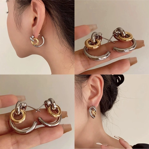 Boucles D'oreilles À Cercles Entrelacés Bicolores Avec Tige En Argent Sterling 925 Bijoux En Laiton Vintage Français