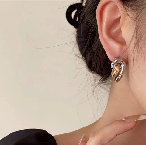 Boucles D'oreilles À Cercles Entrelacés Bicolores Avec Tige En Argent Sterling 925 Bijoux En Laiton Vintage Français