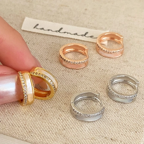Copper Hoop Earrings With Cubic Zirconia And Mother Of Artificial Pearl Shell Inlay Simple Delicate Geometric Jewelry For Women