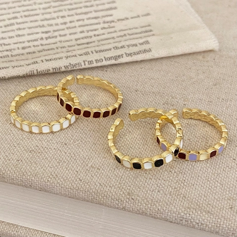 Geometric Enamel Adjustable Open Ring For Women Copper Gold Plated Minimalist French Retro Colorful Hand Jewelry