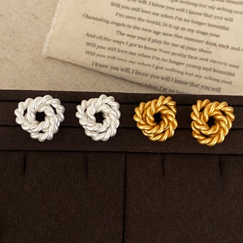 Matte Gold Braided Twist Stud Earrings Copper Minimalist Geometric Hollow Rope Ear Jewelry For Women