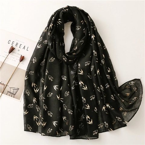 Damen Schal Leichte Voile Polyester Stola Goldfolienprägung Schwalbenmuster Atmungsaktiv Lange Tücher Elegant Weich Sonnenschutz