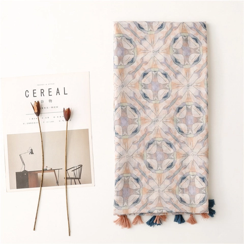 Floral Print Long Scarf Lightweight Polyester Tassel Shawl Bohemian Sunscreen Wrap For Women
