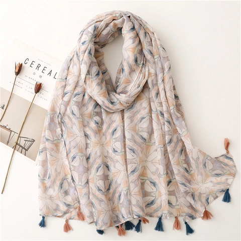 Floral Print Long Scarf Lightweight Polyester Tassel Shawl Bohemian Sunscreen Wrap For Women