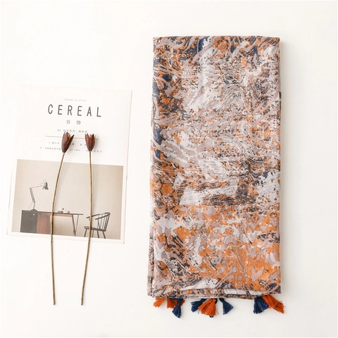 Abstract Marble Ink Splash Print Shawl Scarf Voile Polyester Fabric Long Tassel Wrap Artistic Retro Lightweight Elegant Accessory For Women