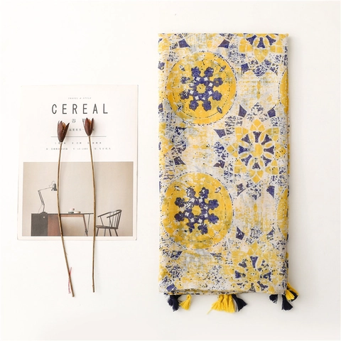 Lightweight Voile Scarf Shawl For Women With Abstract Floral Print And Tassel Trim Long Breathable Sun Protection Accessory