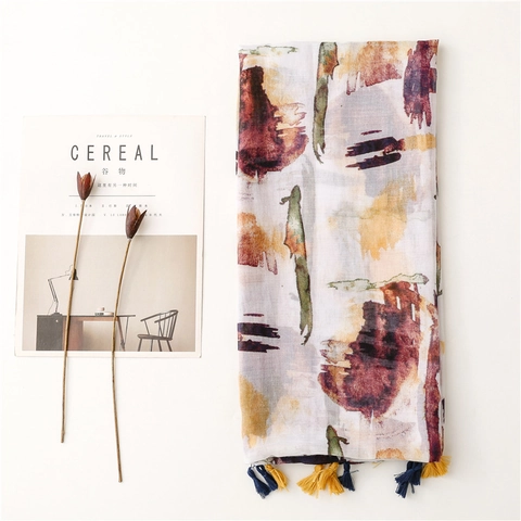 Abstract Art Print Scarf Shawl Polyester Bali Yarn With Tassels Lightweight Breathable Vintage Artistic Style For Women