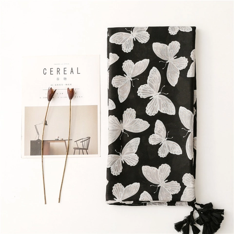 Elegant Butterfly Print Winter Scarf Long Thickened Warm Shawl Wrap With Tassels Herringbone Texture Polyester For Women