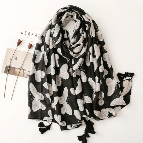 Elegant Butterfly Print Winter Scarf Long Thickened Warm Shawl Wrap With Tassels Herringbone Texture Polyester For Women