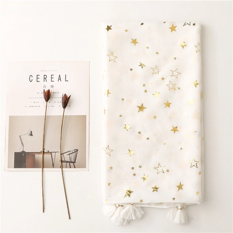 White Scarf Shawl Gold Foil Star Pattern Voile Polyester Tassel Fringe Lightweight Breathable Elegant For Women