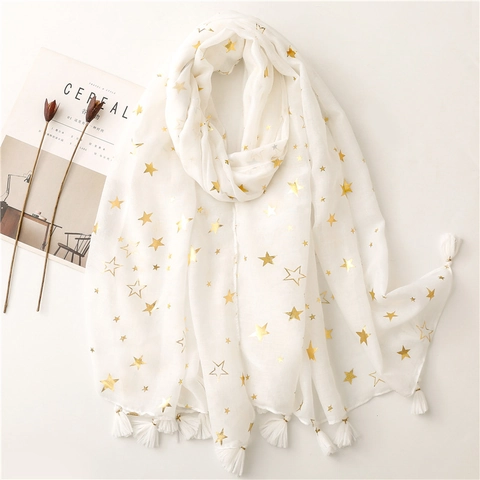White Scarf Shawl Gold Foil Star Pattern Voile Polyester Tassel Fringe Lightweight Breathable Elegant For Women