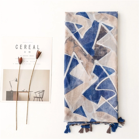 Ethnic Geometric Print Scarf Shawl For Women With Tassels Polyester Voile Cotton Linen Feel Lightweight Breathable
