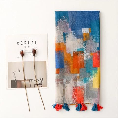 Women Abstract Mosaic Print Scarf Voile Polyester Shawl Wrap With Tassel Trim Lightweight Artistic Ethnic Style