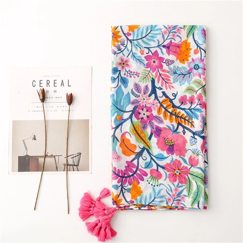 Colorful Floral Print Shawl Scarf Cotton Linen Feel Polyester Herringbone Beach Wrap With Tassels For Women