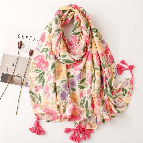 Lange Sjaal Met Bloemenprint Polyester Katoengevoel Tropische Plant Kwastjes Strand Zonnebrandcrème Dames