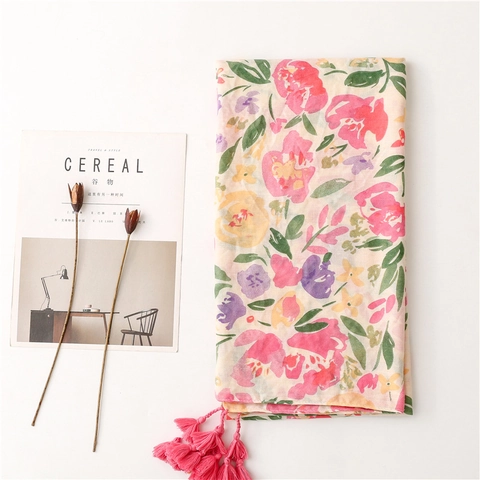 Lange Sjaal Met Bloemenprint Polyester Katoengevoel Tropische Plant Kwastjes Strand Zonnebrandcrème Dames