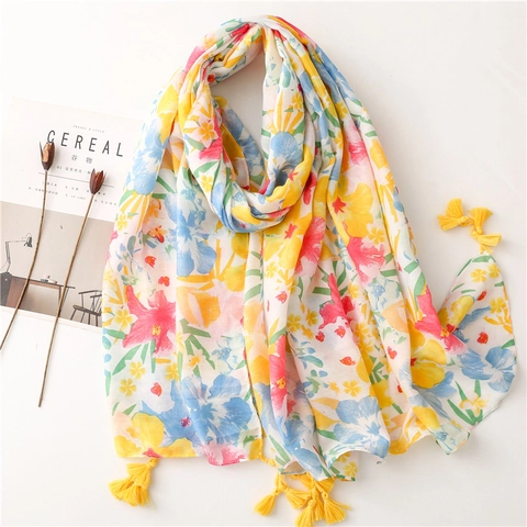 Floral Print Scarf Shawl Polyester With Cotton Linen Feel Herringbone Weave Tassel Fringe Tropical Plant Flower Pattern