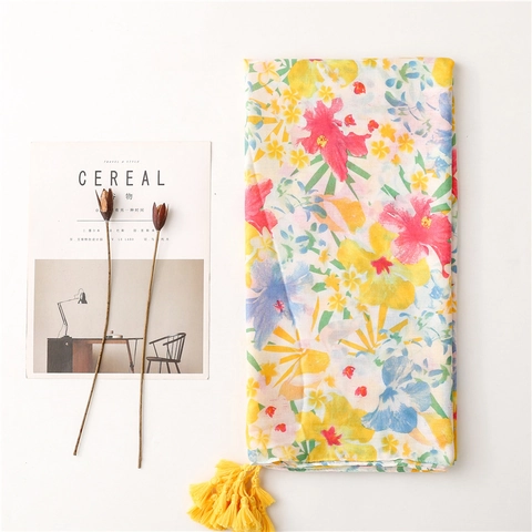 Floral Print Scarf Shawl Polyester With Cotton Linen Feel Herringbone Weave Tassel Fringe Tropical Plant Flower Pattern