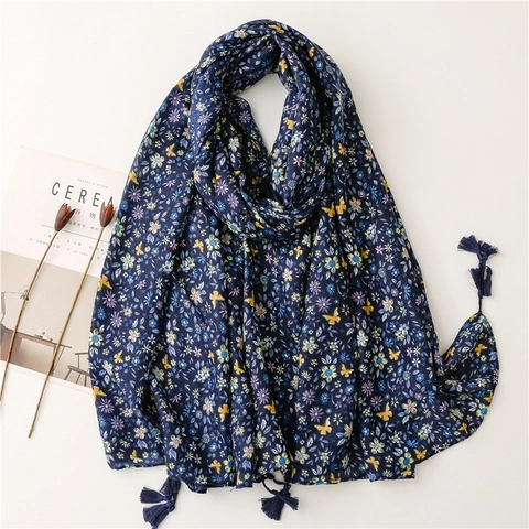 Floral Scarf Shawl Lightweight Polyester Cotton Linen Feel Butterfly Print Long Wrap With Tassels Vintage For Women