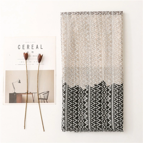 Women Long Scarf Shawl Geometric Wave Pattern Ethnic Tribal Style Lightweight Polyester Gauze Frayed Edge Breathable