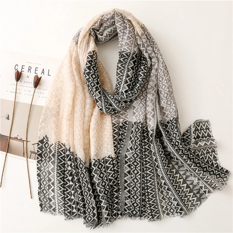 Women Long Scarf Shawl Geometric Wave Pattern Ethnic Tribal Style Lightweight Polyester Gauze Frayed Edge Breathable
