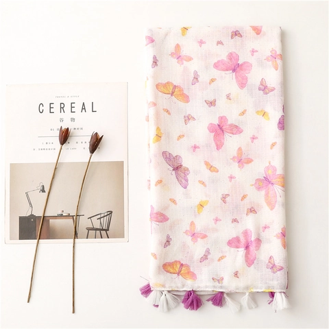 Elegant Long Scarf For Women Polyester Butterfly Print With Tassels Glitter Decoration Aesthetic Shawl Wrap